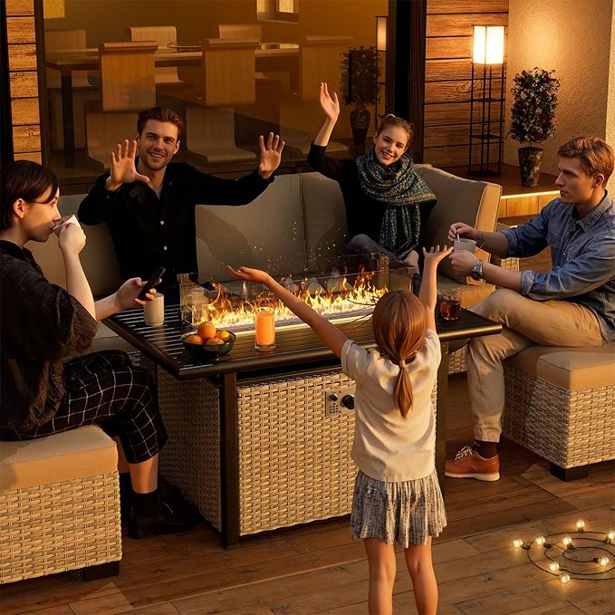 8-Piece Outdoor Patio Furniture Set with 55,000 BTU Fire Pit Table, PE Wicker Rattan Sectional Sofa Conversation Set - All-Weather Garden, Backyard Furniture, Navy Blue