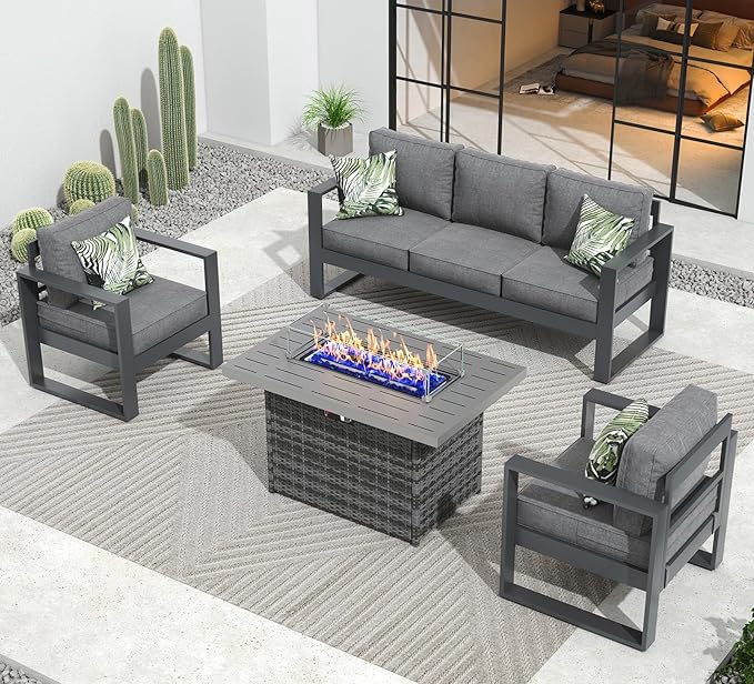 Outdoor Aluminum Furniture Set with Fire Pit Table - 4 Pieces Modern Patio Conversation Sets Metal Sectional Sofa Set