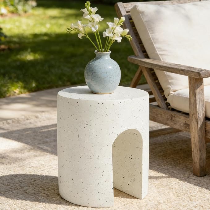 Christopher Knight Home Traver Lightweight Concrete Outdoor Coffee Table, Small Side Table for Patio Furniture Set, MGO Round End Table for Patio/Deck/Garden, No Assembly Required, White