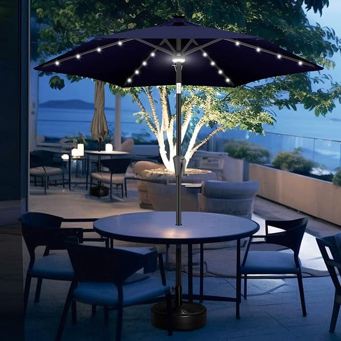 FLAME&SHADE 7.5 FT Solar Light Patio Umbrella, 24 LED Lights Outdoor Umbrella with Centre Surround Light, Table Umbrella Outdoor Patio for Deck, Pool, Backyard, Garden, UV Protection (Navy Blue)
