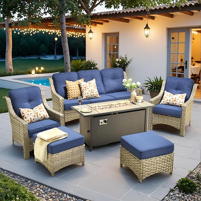 HOOOWOOO Patio Furniture Set,6 Pieces Wicker Outdoor Furniture,High Back Conversation Set with All Weather Resistant Fire Pit Table Couch Chairs Ottomans,Navy Blue