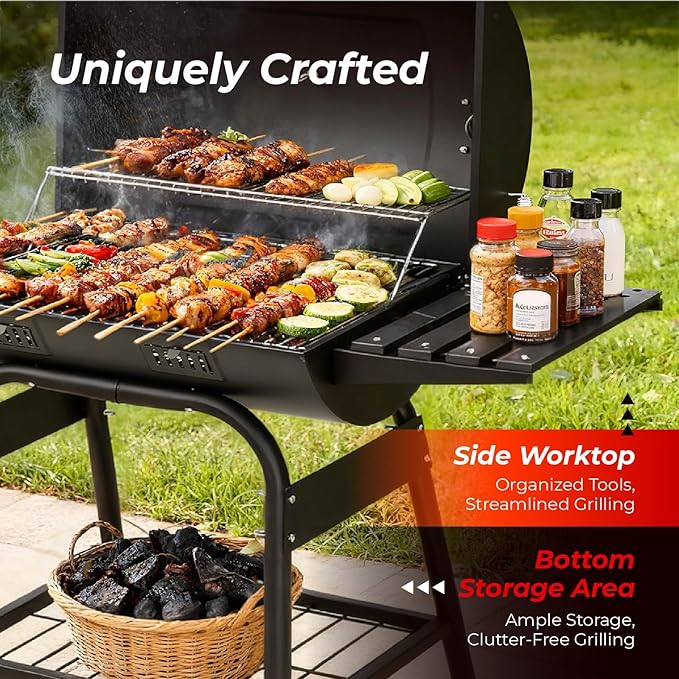 VINGLI Upgraded Barrel Charcoal Grill with 2 Sides Table, BBQ Grill Outdoor Smoker with Wheels for Party Garden Patio and Backyard Cooking 39''D × 24''W × 46''H (Upgraded Grill w/Side Table)