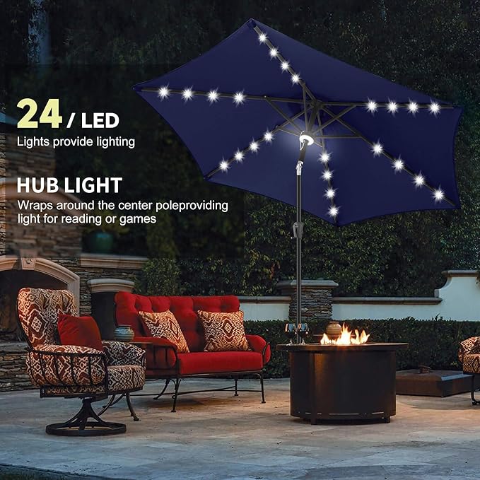 10ft Solar Patio Umbrella - Outdoor Umbrella with Centre Surround Light 24 LED Lights, Market Table Umbrella with Tilt for Pool, Porch, Garden, Deck, Backyard UV Protection (Navy Blue)