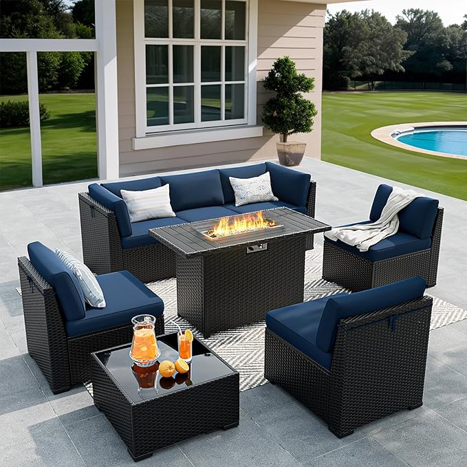 8 Pieces Outdoor Patio Furniture Set with 44" Fire Pit Table Black Rattan Sectional Conversation Sets w/Gas Fire Pit, Coffee Table, 1 Waterproof Covers, Navy Blue