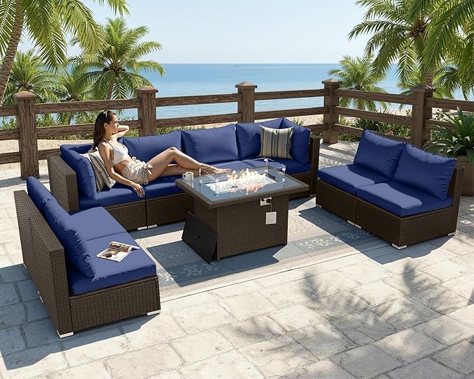 BULEXYARD 9 Piece High Back Outdoor Sectional Couch Set with Fire Pit, Luxury Weather-Resistant Patio Furniture Set, Large Size 8-Person Backyard Seating Group L-Shape for Exterior, Brown & Navy Blue