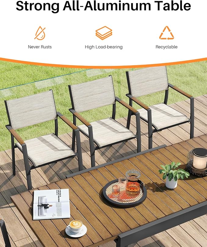 9-Piece Outdoor Dining Set, Never-Rust Aluminum Extendable Dining Table Set, Expandable Dining Table and 8 Double-Layer Textilene Dining Chairs, Patio Dining Set for Porch, Yard, Deck, Teak
