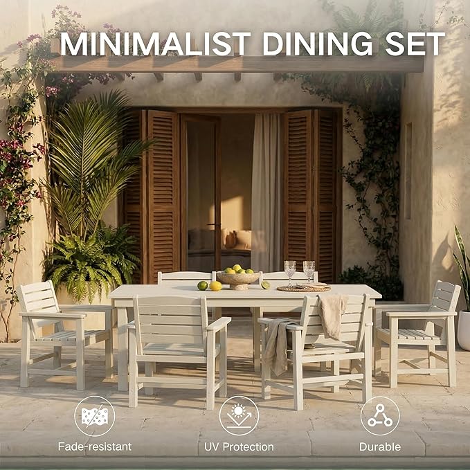 Kingdura 7 Piece Patio Dining Set for 6, HDPE Outdoor Dining Table Set with 2" Umbrella Hole, All Weather Outdoor Furniture, Table and Chairs Set for Backyard Pool Garden Porch, White