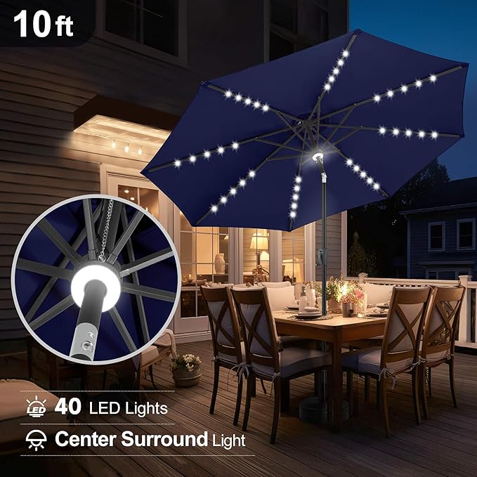 FLAME&SHADE 10 FT Solar Light Patio Umbrella, 40 LED lights outdoor umbrella with Centre Surround Light, Table Market Umbrella for Deck, Pool, Porch, Backyard, Garden, UV Protection, Navy Blue