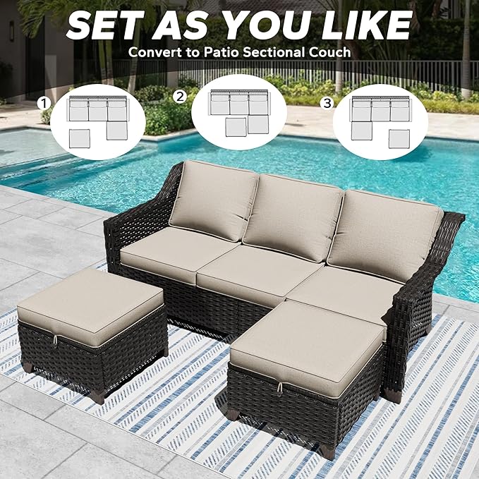3 Pieces Outdoor Conversation Furniture Set - 77" Patio Sofa, 2 Rattan Wicker Ottomans, Patio Wicker Couch Set with Water-Resistant and Washable Cushions for Sunroom, Deck, Porch (Beige)