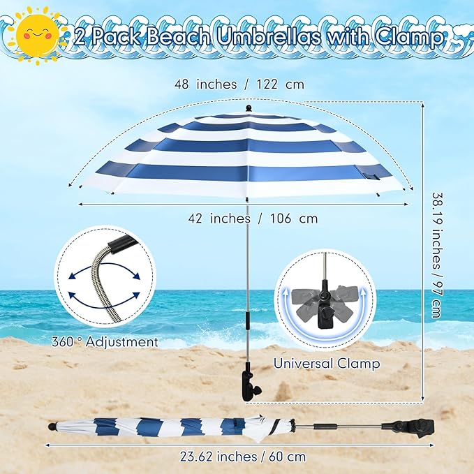 2 Pcs Beach Umbrella with Clamp UV Protection 48 Inch Adjustable Umbrellas for Chair with 360° Universal Clamps for Beach Camping Stroller Wheelchair, Chair Not Included(Blue Stripes)