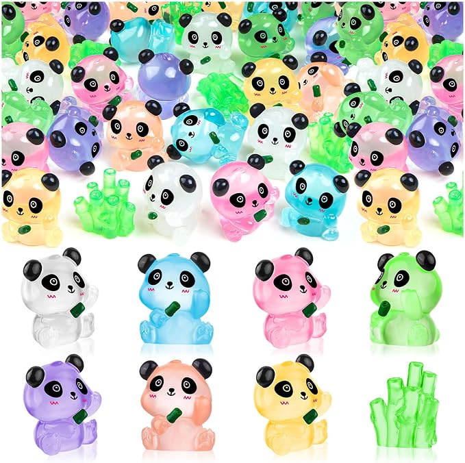18PCS Luminous Mini Resin Panda Figurines with 2 Bamboos for Dollhouse | Cute Panda Figurines Miniature, Glow in The Dark Mini Panda Bamboo Bulk, Cake Topper, Micro Landscape, Garden DIY