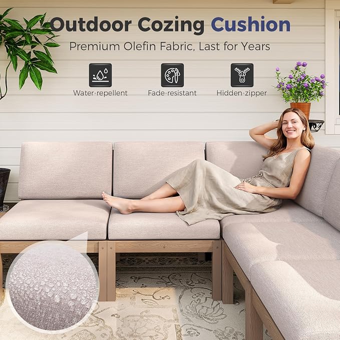 Outdoor Patio Chairs Set of 2, HIPS Modular Sectional Seatings & Thick Cushions– Side Interlock Easy to Connect, Weatherproof Patio Furniture Set for Backyard, Deck, Poolside (Teak)