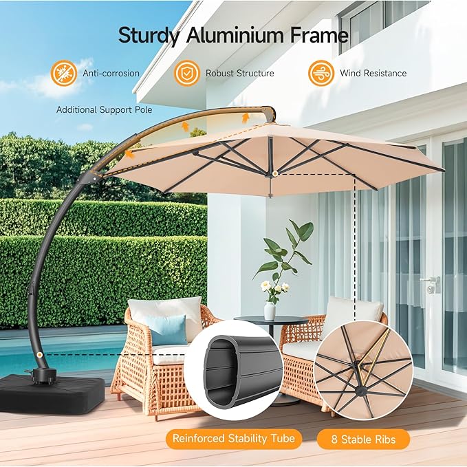 11 FT Outdoor Patio Umbrella with Base, Aluminium Curved Cantilever Umbrella, Large Round Hanging Offset Umbrella with Unlimited Position Adjustment and 360°Rotation for Market Garden Pool, Champagne