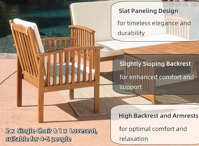 Merax 4 Piece Patio Conversation Table and Chairs Furniture Sets, Acacia Wood Outdoor Dining Couch Sofa for Porch Deck Backyard Lawn Balcony Bistro, Brown