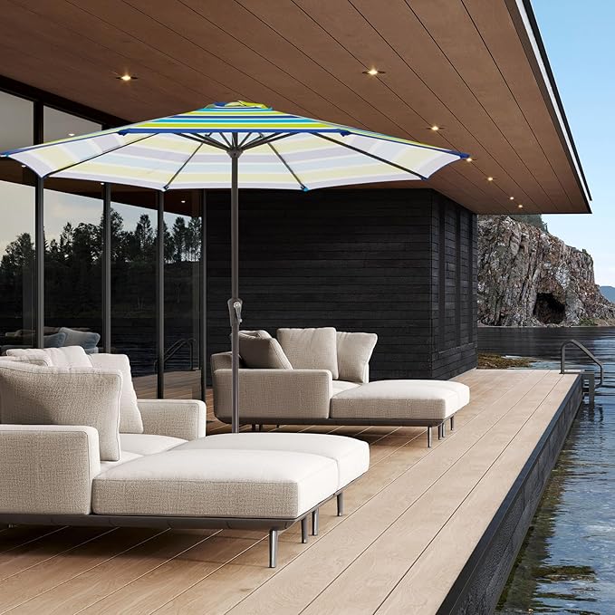 JEAREY 11' Patio Umbrellas Outdoor Table Market Umbrella w/Crank, 8 Sturdy Ribs, UV Protection Windproof for Garden, Deck, Backyard, Pool(Blue Green Striped)