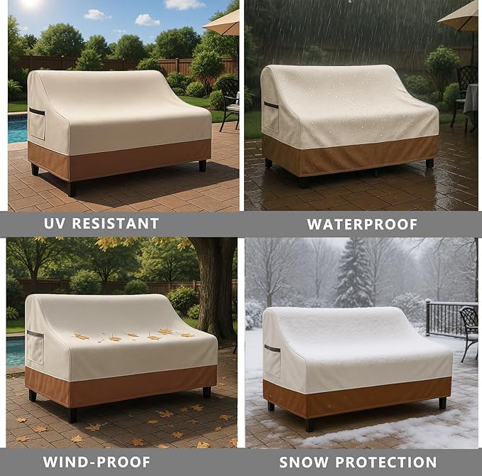 Waterproof Patio Loveseat Cover, 76W x 32.7D x 33H inches Heavy Duty 600D Weather-Resistant Outdoor Furniture Protector Beige and Brown