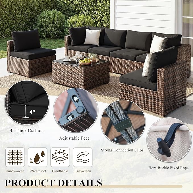 Patio Furniture Set 9 Piece All Weather PE Rattan Outdoor Sectional Sofa Couch with 8 x armless Sofa, No-Slip Cushions and Glass Top Table for Garden, Poolside, Backyard (Black)