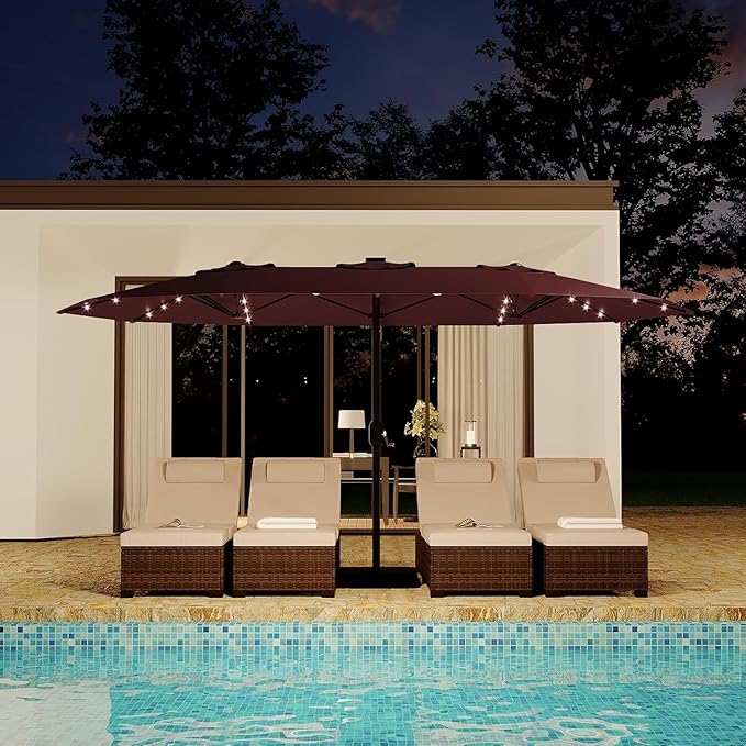 15FT Outdoor Patio Umbrella,Double-Sided Rectangle Market Umbrella with 36 LED Solar Lights & Base,UV50+ Weather-Resistant Oversized Outdoor Umbrella,Crank Lift,3-Way Shade for Pool,Garden,Backyard