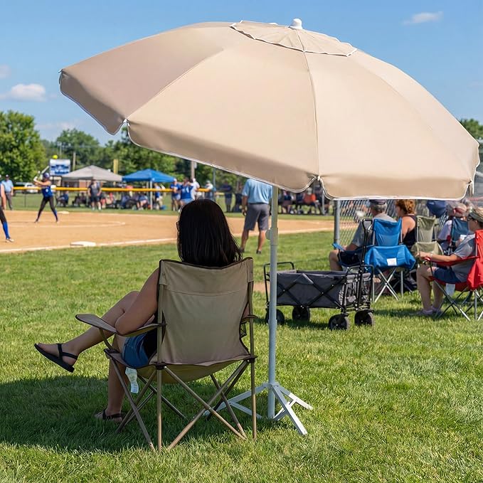 JEAREY 6.5ft Sun Shade Umbrellas, Portable Umbrella with Stand, Lightweight Sun Protection Free Standing Sport Umbrella for Outdoor Sports, Camping, Fishing, Patio, Beach, Beige