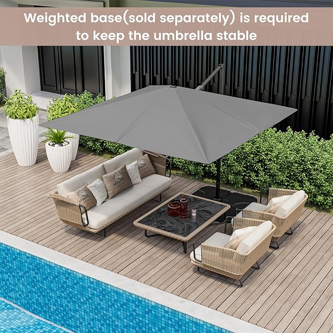 Tangkula 9.5 FT Cantilever Patio Umbrella, Outdoor Square Offset Umbrella with 360°Rotation, Heavy Duty Patio Hanging Umbrella with Cross Base for Garden Deck Pool Backyard (Grey)