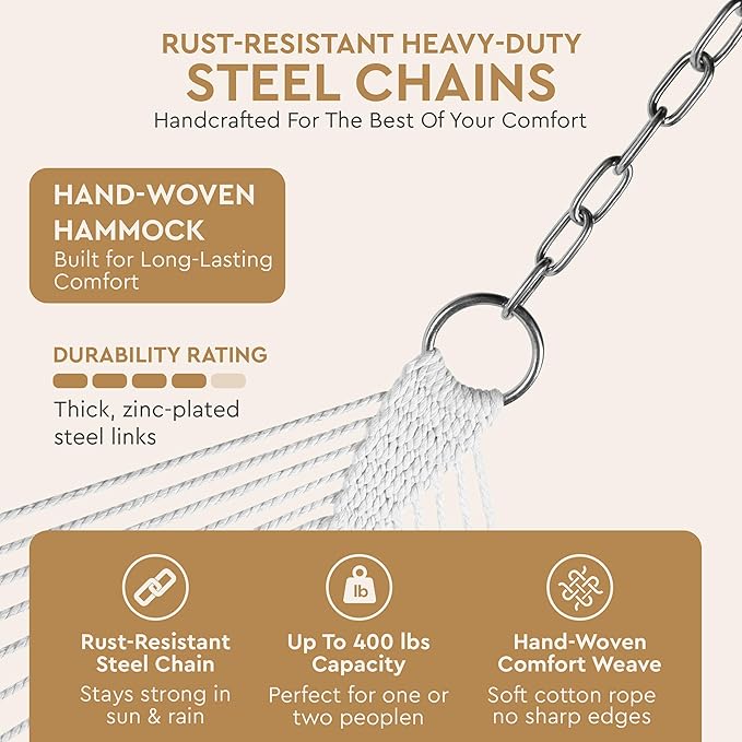 Double Rope Hammock with Hardwood Spreader Bars – Cotton Rope Outdoor Hammock for Patio Backyard Camping Trees – 2 Person Heavy Duty 400 lb Capacity with Carry Bag