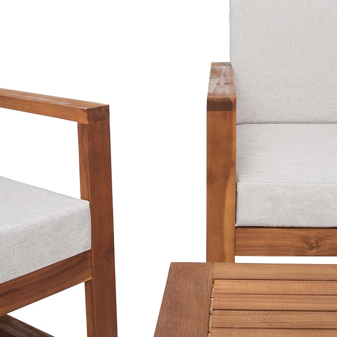 SAFAVIEH Outdoor Collection Emiko Natural/Light Grey Cushion Solid Wood 4-Piece Conversation Patio Set