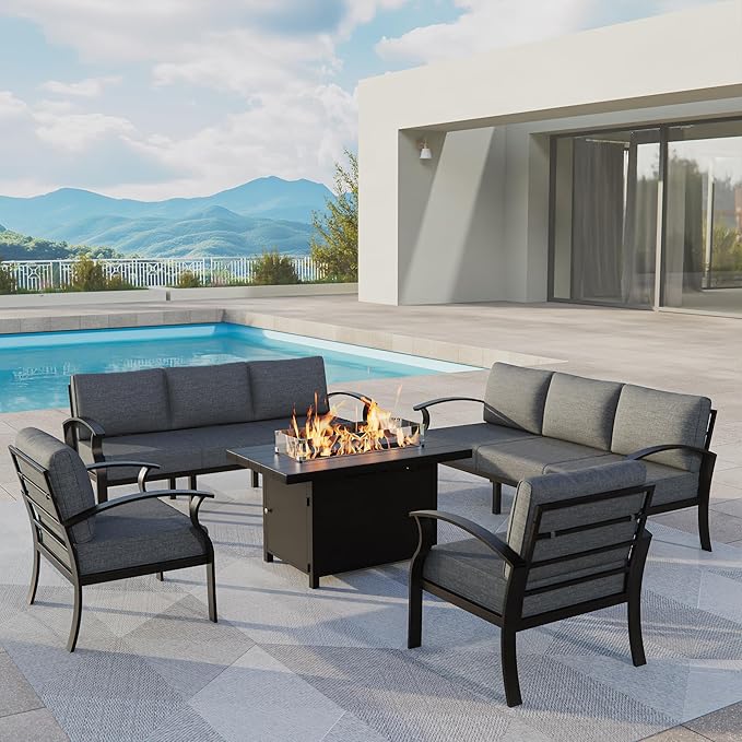 ALAULM Aluminum Patio Furniture Set with Propane Fire Pit Table 8-seat Metal Outdoor Furniture w/Fire Pit Patio Conversation Set w/5.1" Cushions for Patio, Backyard, Poolside-Grey