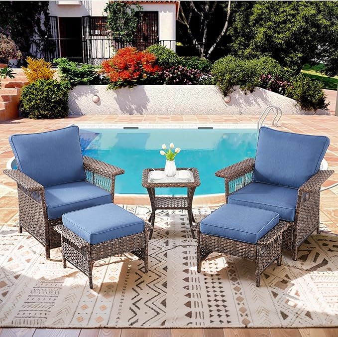 Outdoor Wicker Patio Furniture Set - 5 Piece Rattan Patio Conversation Sets with 2 Armrest Chairs,2 Ottomans and 1 Side Table for Porch Deck Garden(Brown/Blue)