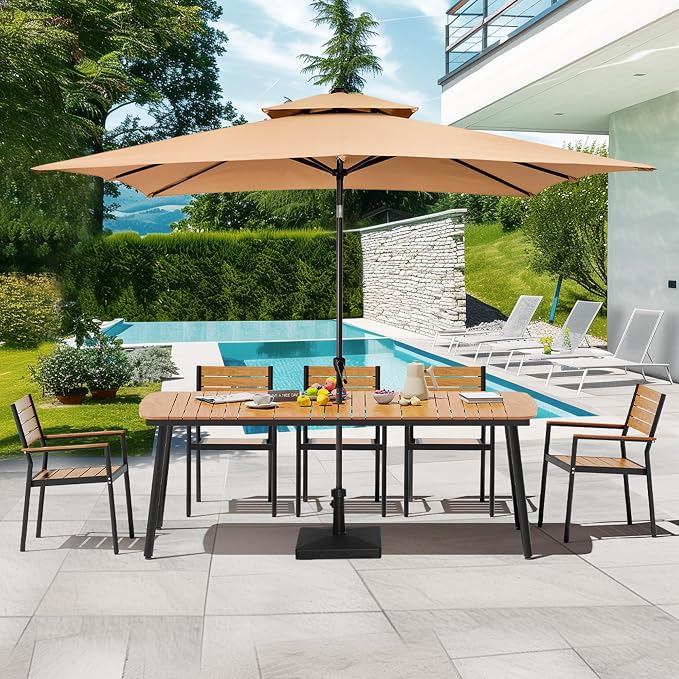70" Outdoor Dining Table for 6, Brown Patio Table | 1.6" Umbrella Hole Rectangle Table with Aluminum Frame and Waterproof Wood Grain Tabletop for Lawn Backyard Garden Poolside