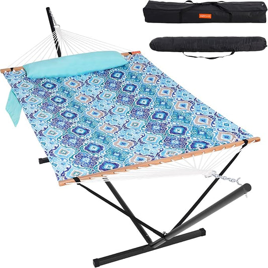 Lazy Daze Hammocks 2 Person Portable Hammock with 12FT Stand for Outside, 10.5FT Quilted Double Hammock with Spreader Bar and Detachable Pillow, 450lbs Capacity for Outdoor Patio, Floral Auqa