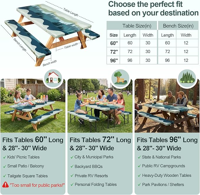 Play Tailor Picnic Table Cover with Bench Covers Camping Essentials Waterproof Windproof Camping Tablecloth with Drawstring Bag, Fitted Rectangle Tables and Seats, 60in, Green Blue