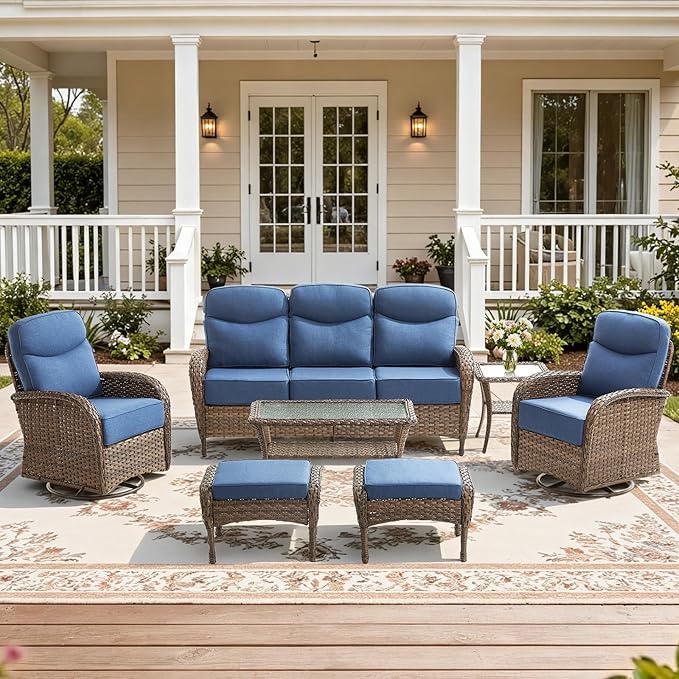 7-Piece Luxury Patio Furniture Set with 6-Inch Thick Cushions, High-Back Outdoor Sofa & Swivel Rocking Chairs w/Wicker Coffee Table, All-Weather Conversation Set for Porch, Deck, Yard – Blue
