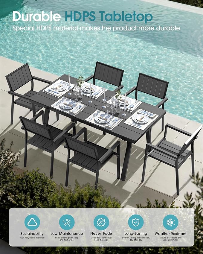 Ciokea Aluminum Outdoor Dining Sets for 6, Patio Table and Stackable Chairs Set with Umbrella Hole, All-Weather HDPS Durable Furniture for Backyard, Poolside, Lawn & Garden | 7-Piece, Grey