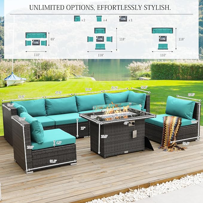BULEXYARD 7 Piece High Back Outdoor Furniture Set with Fire Pit, Durable All Weather Wicker Patio Couch Sofa Set, Oversized Modular 6-Seater Sectional Backyard Seating Wide Deep for Lawn, Grey & Teal