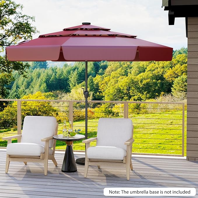 Tangkula 10 FT Solar LED Patio Umbrella, 3-Tiers Scalloped Outdoor Table Market Umbrella with 32 LED Lights, Tilt Adjustment, Crank, 8 Sturdy Ribs for Pool, Deck, Backyard (Burgundy)