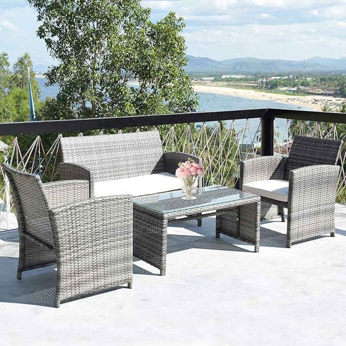 Giantex 4 Pc Rattan Patio Furniture Set Garden Lawn Sofa Cushioned Seat Mix Gray Wicker