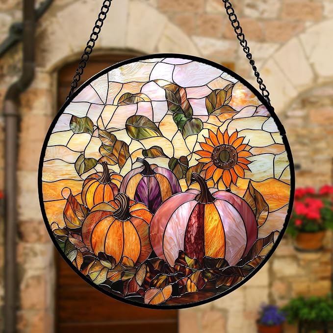DASTOLL Stained Glass Window Hanging, Pumpkin Sunflower Suncatcher Diamond Glass Panel Sun Catchers Decor for Birthday for Women, Men, Wife, Aunt, and Mom 6.3 in