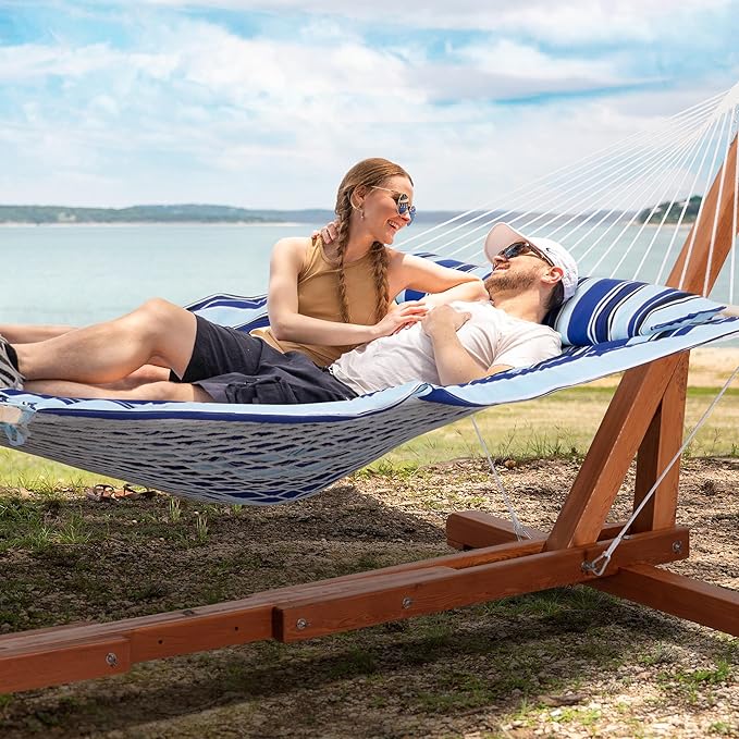 SUNCREAT Cotton Rope Hammock for Two People with Hardwood Spreader Bars, Quilted Fabric Pad & Detachable Pillow, Extra Large Hammock with Wooden Stand, Blue Stripe