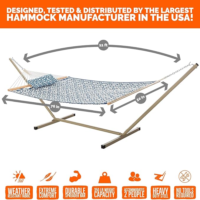 Castaway Living Large 2-Person Quilted Hammock with Stand & Pillow – Navy, 10 ft. L x 52 in. W, 350 lb Capacity, Weather-Resistant Polyester, Portable Space-Saving Frame