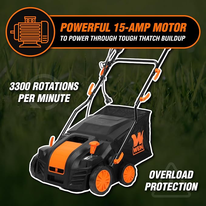 WEN DT1516 16-Inch 15-Amp 2-in-1 Electric Dethatcher and Scarifier with Collection Bag, Black
