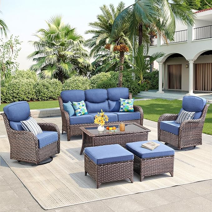 Luxury 6 Pieces Outdoor Patio Furniture Set-All Weather Wicker Outdoor Furniture with Swivel Rocker Patio Chairs 6-inch Extra Thick Cushions Wicker Conversation Set for Garden Porch(Brown/Blue)