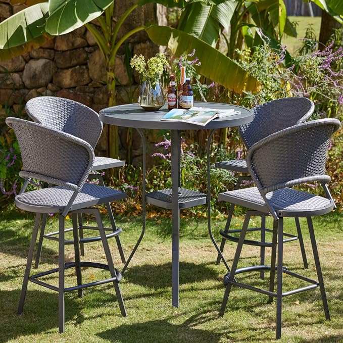DIFY Patio Bar Height Table, 35.5" Round Outdoor Bistro Table with 1.57" Umbrella Hole for Poolside, Balcony, Pub and Garden, Grey