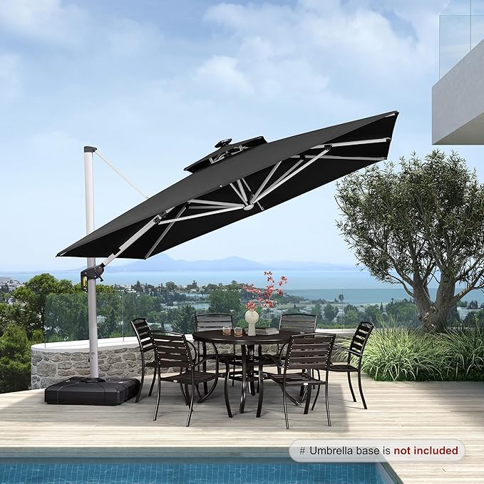 PURPLE LEAF 11 Feet Double Top Deluxe Solar Powered LED Square Patio Umbrella Offset Hanging Umbrella Outdoor Market Umbrella Garden Umbrella, Black