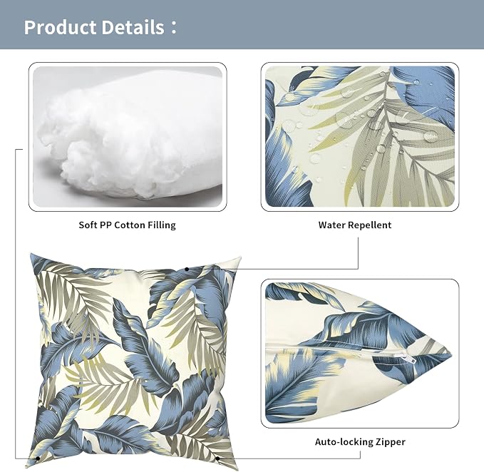Outdoor Pillows with Insert 18x18 Inch, Waterproof Throw Pillow for Patio Furniture, Decorative Back Cushion for Garden Home Sofa Office Chair, Set of 2, Lush Palm Blue
