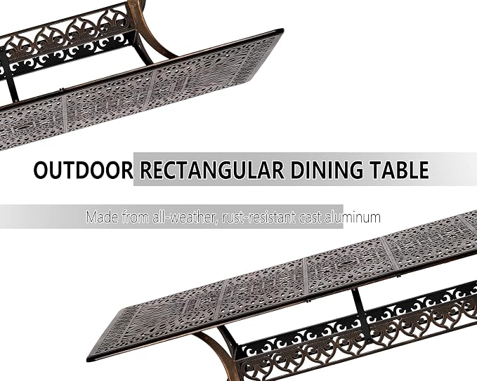 Grepatio 86.6" Patio Dining Table Outdoor Cast Aluminum Large Table, 8 People Party Table with 2" Umbrella Hole for Lawn Backyard Garden, Bronze and Blak 86.6" L x 41.3" W x 28.4" H