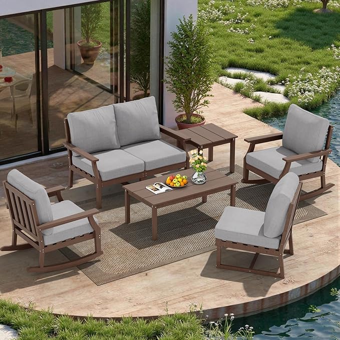 HDPE Patio Conversation Set, 7-Piece All Weather Outdoor Furniture Set with 2 Single Rocking Armchairs for Deck, Lawn, with Cushion, Brown