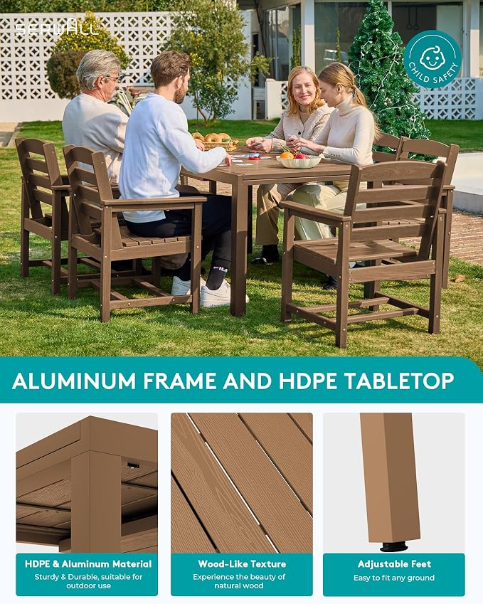 SERWALL 60" - 83" Expandable Outdoor Dining Table and 6 HDPE Chairs, Brown | Outdoor Dining Set for 6, All Weather Aluminum and HDPE Outdoor Furniture Set, Extendable Patio Dining Table