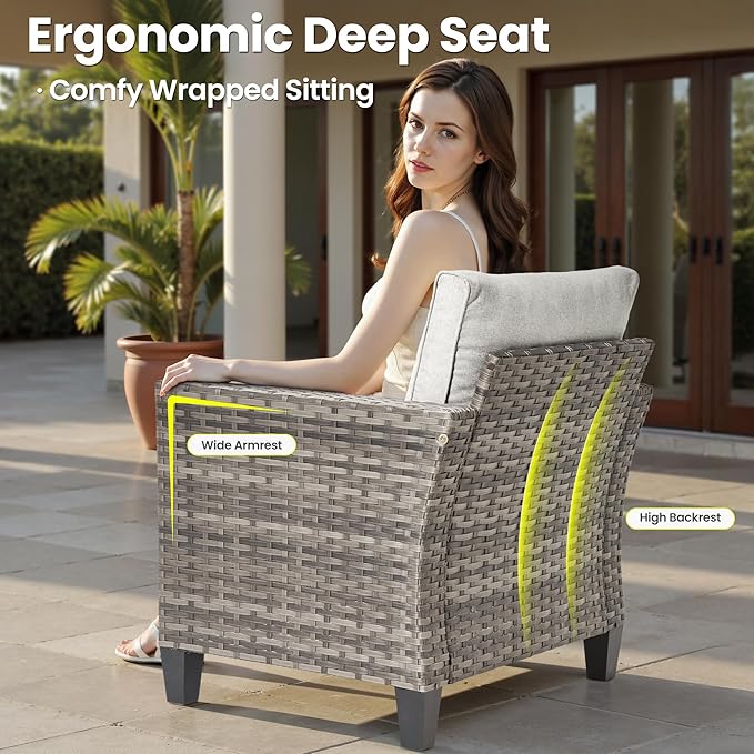 ovios 5 Pieces Patio Furniture Set, Outdoor Wicker Rattan Chairs of 4 with 30" Fire Pit Table, High Back Chair Conversation Sets for Porch Deck Garden, Grey