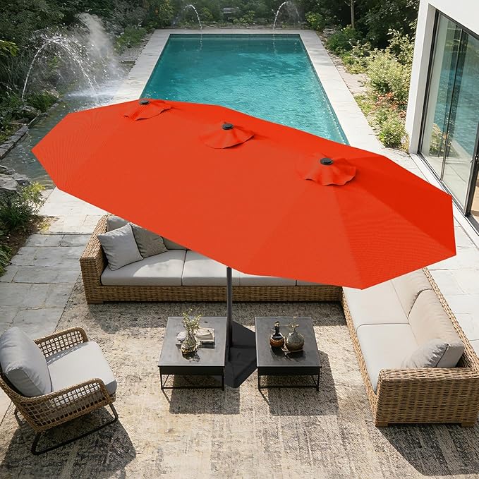 AreShark 15ft Patio Umbrella with Base, Double Sided Outdoor Umbrella with 12 Fiberglass Ribs, Large Outdoor Umbrella for Garden, Pool, Deck, Backyard & Market, Orange