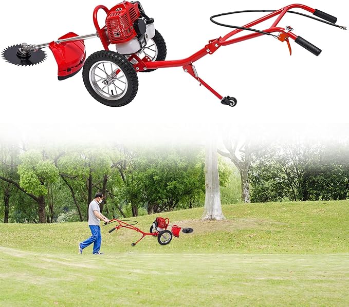 49CC Gas Walk Behind Brush Cutter, 2-Stroke Push Weed Wacker String Trimmer with Wheels, 7000RPM Lawn Mower Trimmer for Weeds, Grass & Yard, 0.95L Fuel Tank
